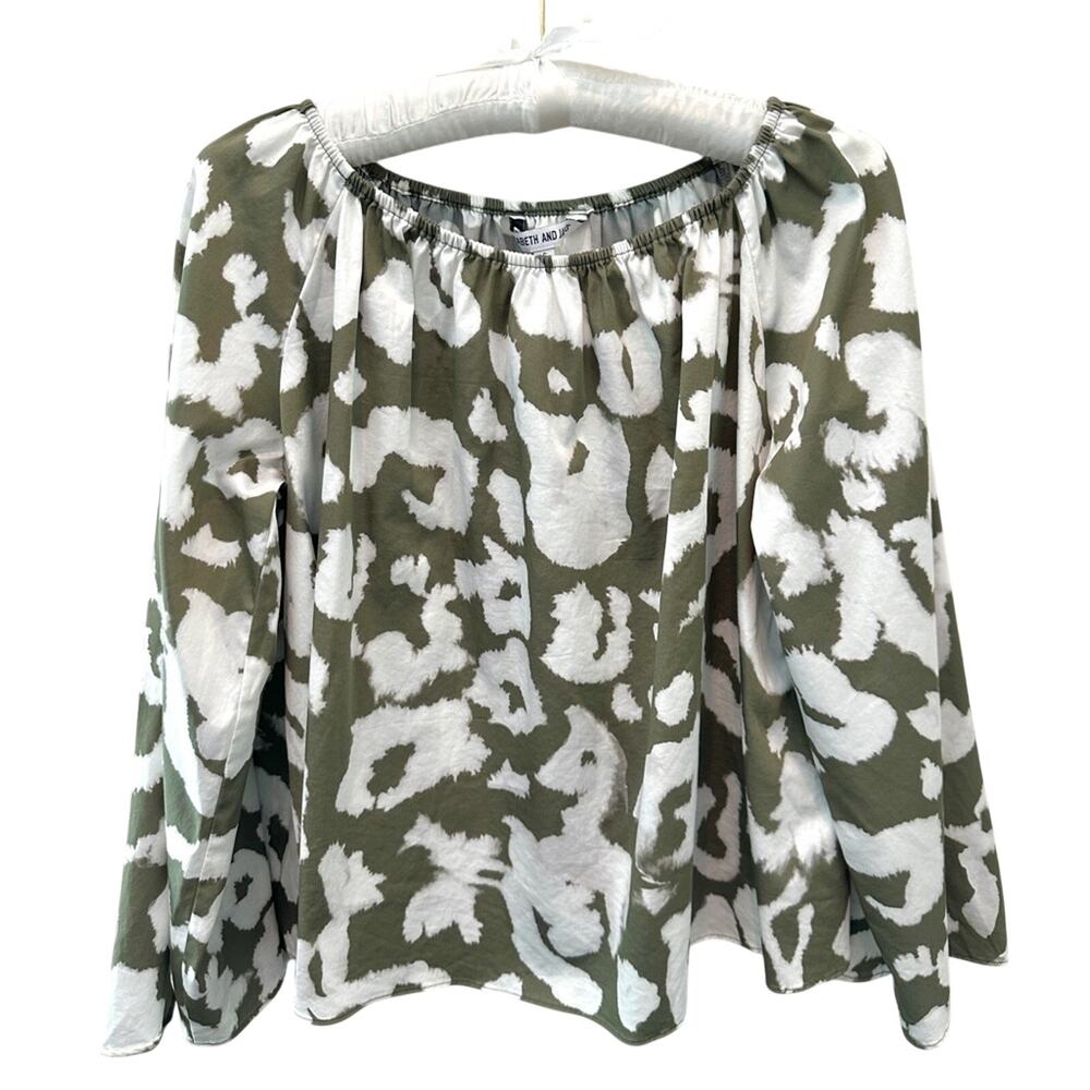 ELIZABETH AND JAMES Green White Abstract Peasant Blouse Off Shoulder Top | Small